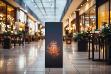 roll up mockup poster stand in an shopping center or mall environment as wide banner design with blank empty copy space area 