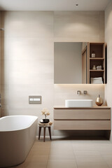 Fototapeta na wymiar The bathroom is in a modern style in beige and calm shades. Consistent design, simplicity, minimalism, calm mood