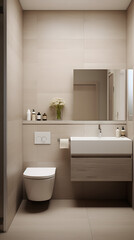 Fototapeta na wymiar The bathroom is in a modern style in beige and calm shades. Consistent design, simplicity, minimalism, calm mood