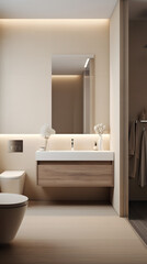Obraz na płótnie Canvas The bathroom is in a modern style in beige and calm shades. Consistent design, simplicity, minimalism, calm mood