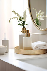 Stylish bathroom interior, and elegant personal accessories. Home decor. Interior design, minimalism, calm tone