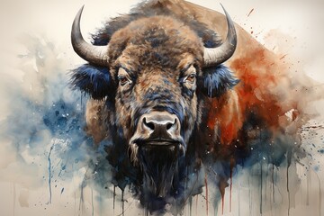 American Bison with Watercolor Flag