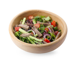 Delicious salad with beef tongue and vegetables isolated on white