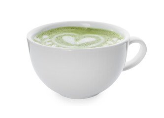 Delicious matcha latte in cup on white background