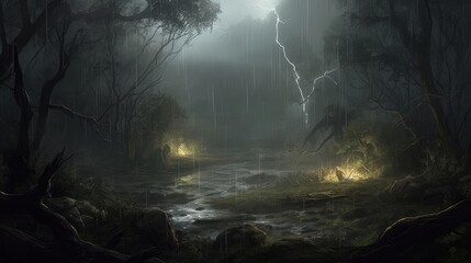 A stormy evening over a rough landscape, with lightning. Generative AI. 