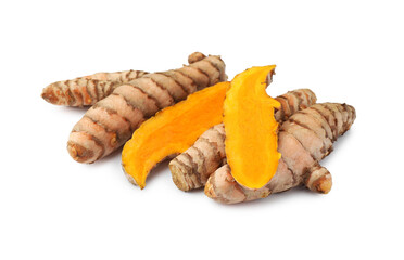 Whole and cut turmeric roots isolated on white