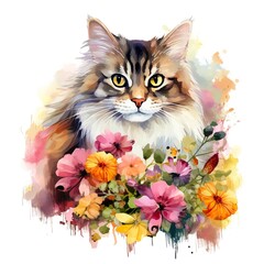 Cat in a watercolor garden of flowers frame clipart