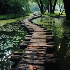 Wooden twisted walk path along the swamp