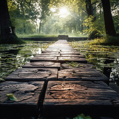 Wooden pad walkway across natural pond