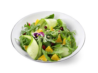 Delicious salad with cucumber and orange slices isolated on white