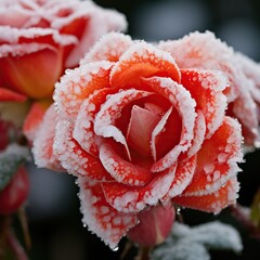 Dew-covered roses in snow macro