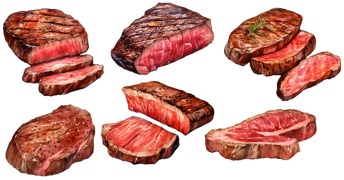 Steak watercolor illustration clipart. Generative AI