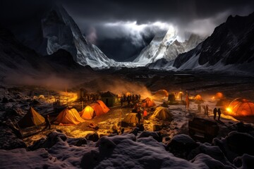 Base camp for mountain climbers in the early morning light.  - obrazy, fototapety, plakaty