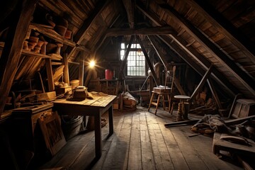 Fototapeta premium An old attic with random and forgotten belongings. 