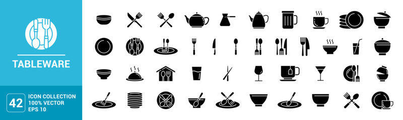 Collection of icons for tableware, cutlery, glass, plate, spoon, fork, vector editable and resizable EPS 10 - obrazy, fototapety, plakaty