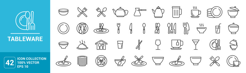 Collection of icons for tableware, cutlery, glass, plate, spoon, fork, vector editable and resizable EPS 10