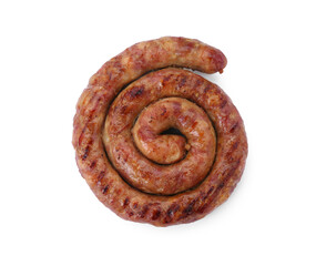 One ring of delicious homemade sausage isolated on white, top view