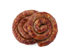 Rings of delicious homemade sausage isolated on white, top view