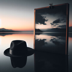 Surreal landscape with black fedora hat and a hanging painting with reflections on a lake - obrazy, fototapety, plakaty