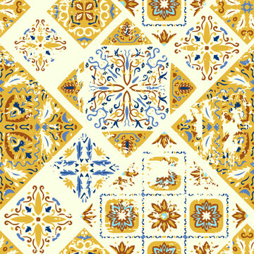 Seamless colorful patchwork. Abstract background. Azulejos tiles patchwork. Traditional ornate Portuguese and Spanish decorative tiles azulejos. Ceramic tiles. Vector Hand drawn background.