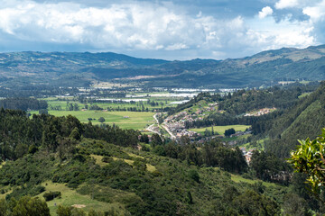 Fototapeta na wymiar Nemocón rural landscape with blue sky and mountains. Colombia.