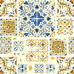 Seamless colorful patchwork. Abstract background. Azulejos tiles patchwork. Traditional ornate Portuguese and Spanish decorative tiles azulejos. Ceramic tiles. Vector Hand drawn background.