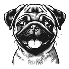 Portrait of a smiling pug. Hand Drawn Engraving Pen and Ink. Vector Isolated in White. Engraving vintage style illustration for print, tattoo, t-shirt, coloring book
