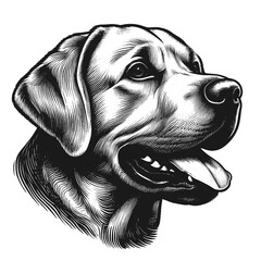 Labrador Portrait. Hand Drawn Engraving Pen and Ink. Vector Isolated in White. Engraving vintage style illustration for print, tattoo, t-shirt, coloring book