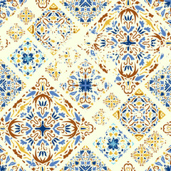 Seamless colorful patchwork. Abstract background. Azulejos tiles patchwork. Traditional ornate Portuguese and Spanish decorative tiles azulejos. Ceramic tiles. Vector Hand drawn background.