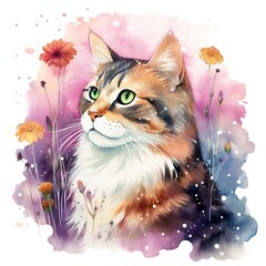 Watercolor cat and cosmos frame clipart