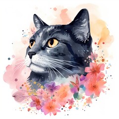 Watercolor cat and cosmos frame clipart