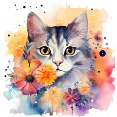 Watercolor cat and cosmos frame clipart