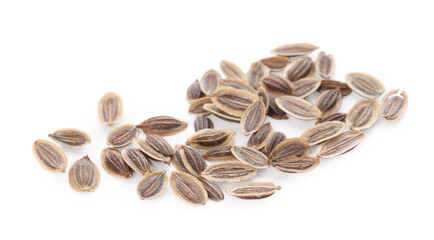 Many dry dill seeds isolated on white