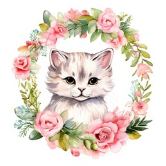 Watercolor cat and peony wreath frame clipart