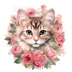 Watercolor cat surrounded by rose borders clipart