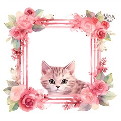 Watercolor cat surrounded by rose frame borders clipart
