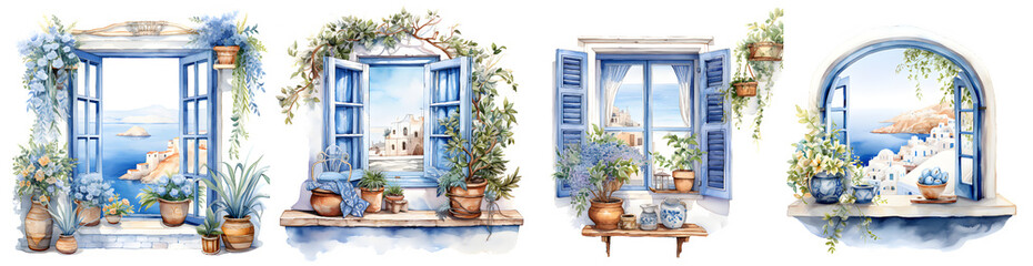 Greece in window watercolor illustration clipart. Generative AI - obrazy, fototapety, plakaty