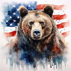 Watercolor Grizzly Bear with the American Flag