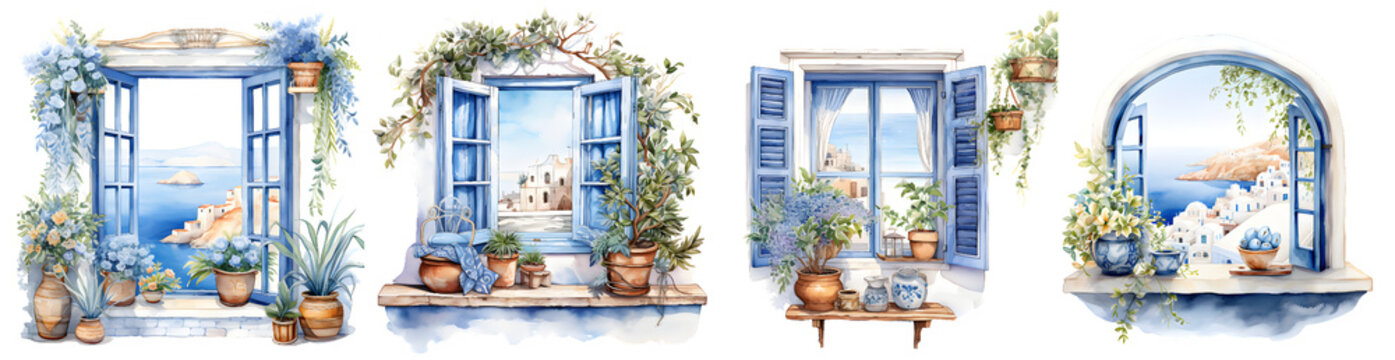Fototapeta Greece in window watercolor illustration clipart. Generative AI