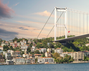 View from the sea of the European side of Bosphorus strait, Istanbul, Turkey, with traditional...