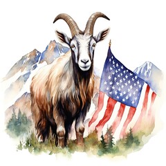 Watercolor Mountain Goat with American Flag Landscape