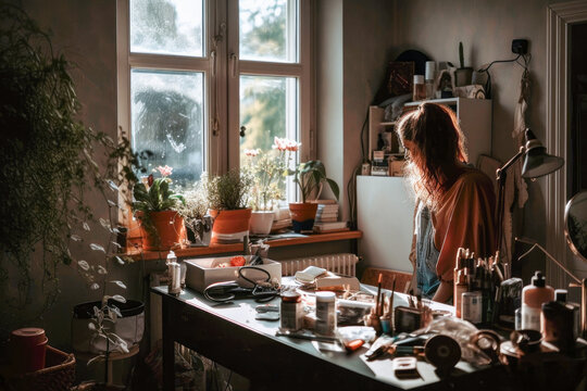 Unrecognizable young woman shying away while sitting at painting table