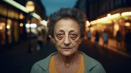 lonely older caucasian woman in city street at night, fictional location
