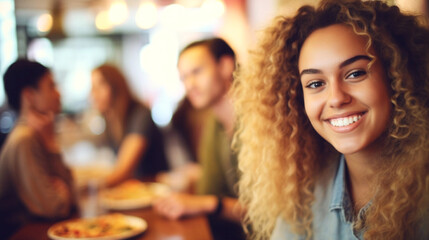 smiling woman at table: diverse gathering, enjoying food and company, welcoming atmosphere
