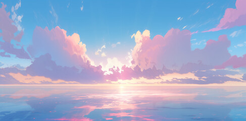 Clouds and seascape illustration in beautiful purple and pink tones. Sunrise in ocean, nature landscape background.