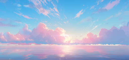 Clouds and seascape illustration in beautiful purple and pink tones. Sunrise in ocean, nature landscape background.