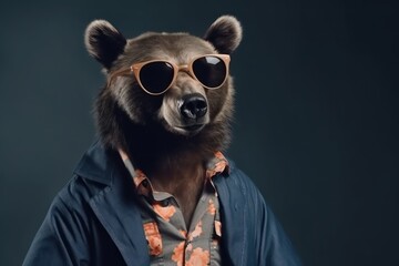 Cool looking bear wearing funky fashion dress and black sunglasses  - obrazy, fototapety, plakaty