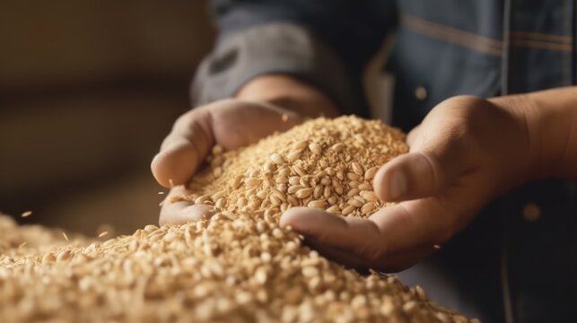 Soybean husk animal feed for dairy cattle in hands of farmer 