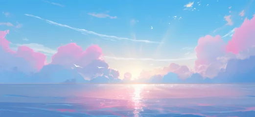 Foto op Plexiglas Clouds and seascape illustration in beautiful purple and pink tones. Sunrise in ocean, nature landscape background. © junghc1