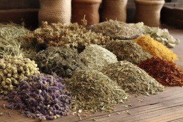 dry herbs on wooden table closeup